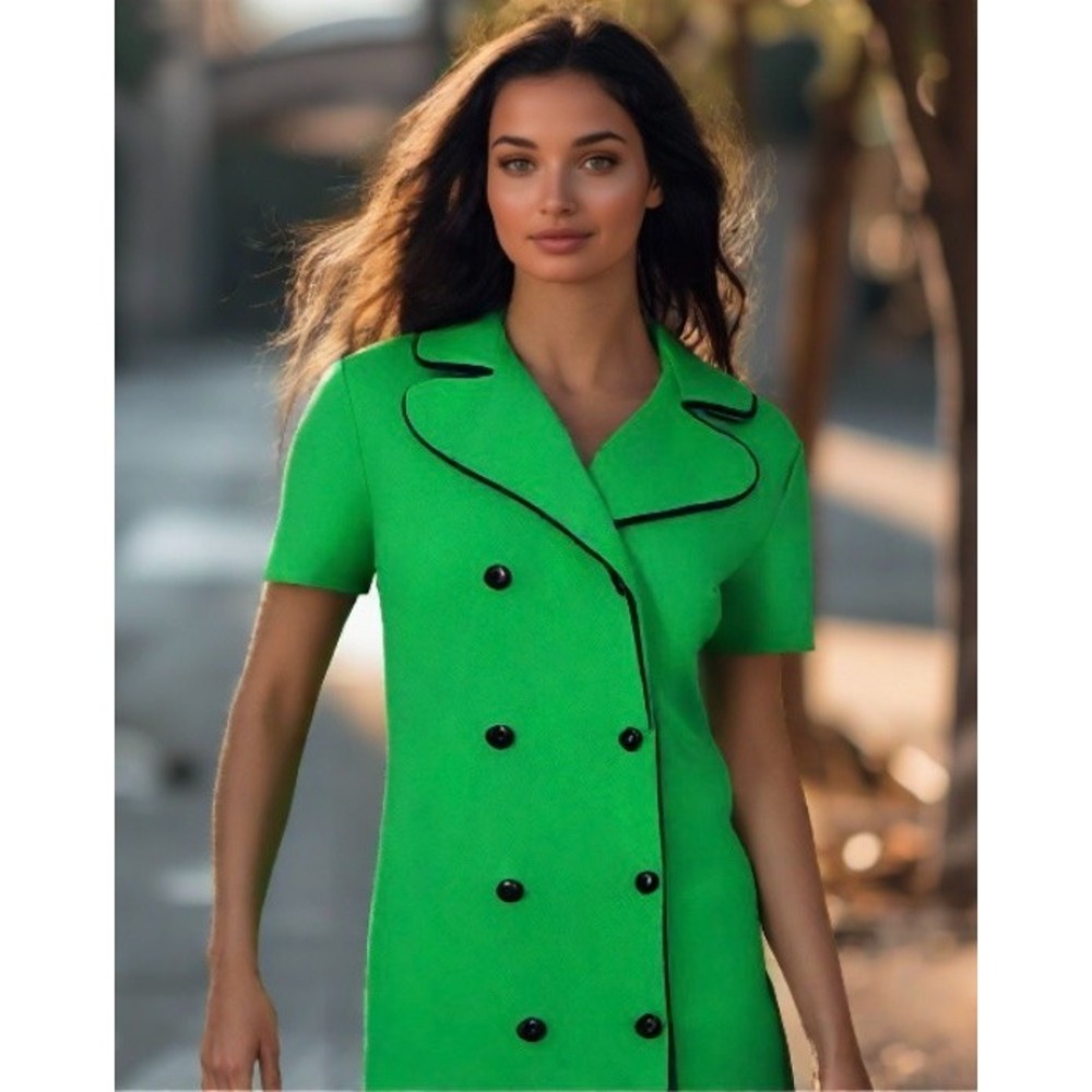 60s 70s David Crystal Pique Knit Dress Size Medium Collar Mod Preppy Green EUC
